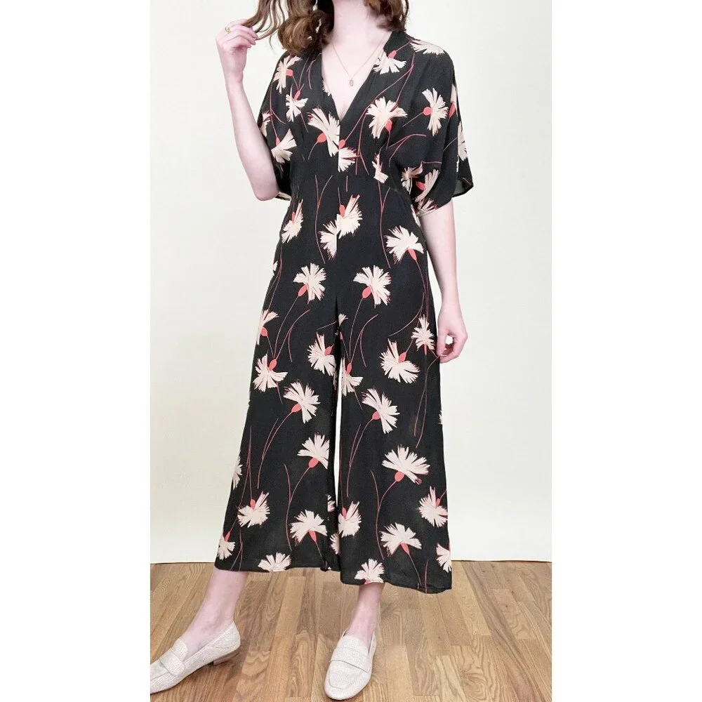 100% Mulberry Silk Wide Leg Jumpsuit Pleated Floral Relaxed Fit & Flare V-Neck - Picture 12 of 12